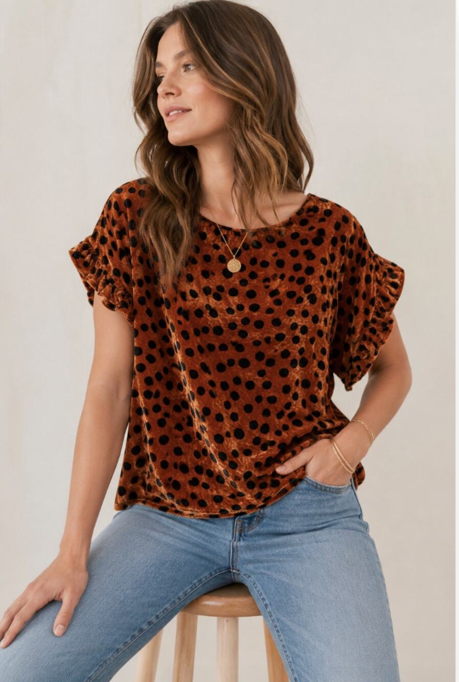 Madewell Burnt Orange Velvet Animal Print Polka Dot Ruffle Sleeve Blouse XXS